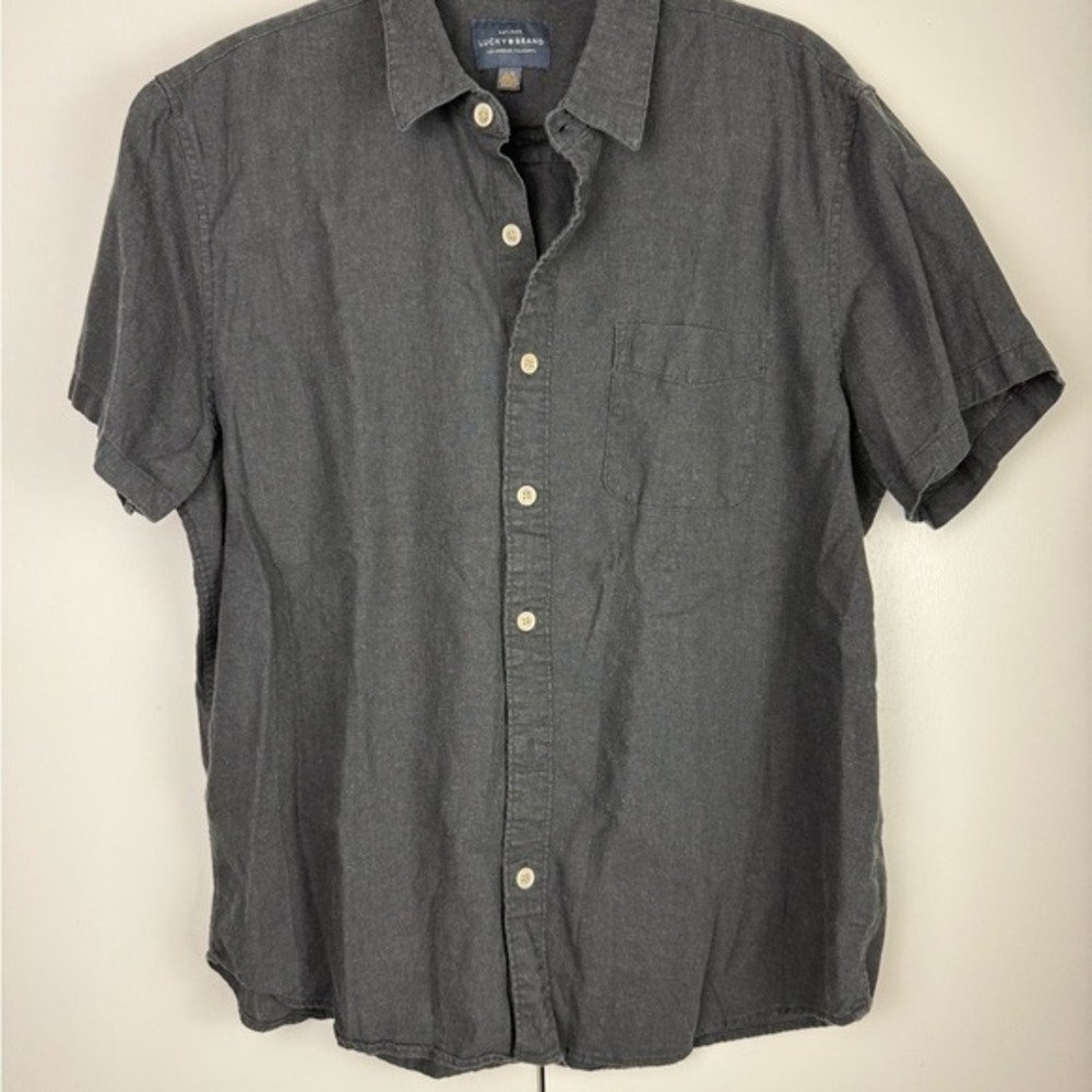 Lucky Brand Mens Short‎ Sleeve Linen Blend Button Down Shirt Gray Large RN80318